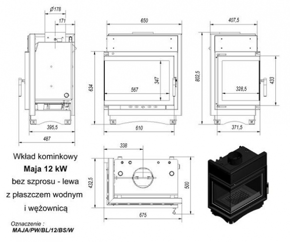 Топка с водяным контуром MAJA/PW/BL/12/BS/W, Г-образное стекло слева, змеевик